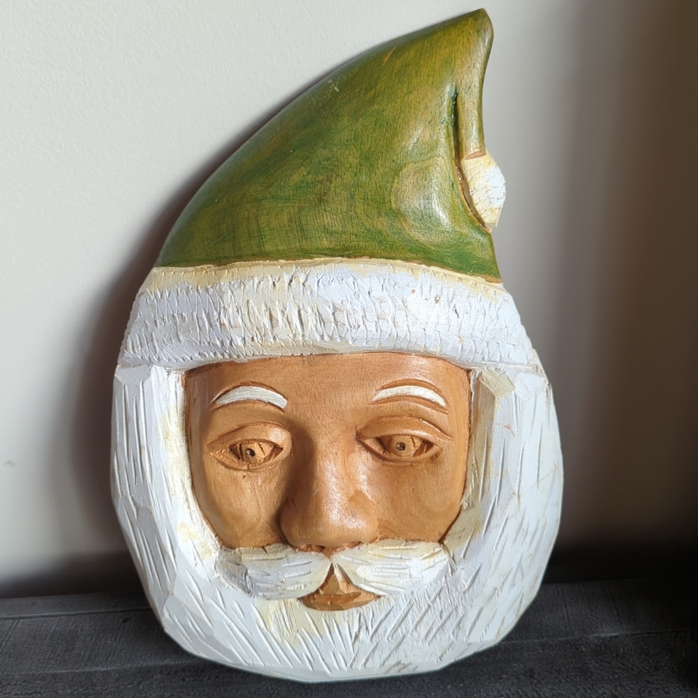 Hand Crafted Wood Carved Santa Head Folk Art 13 X 8 in.